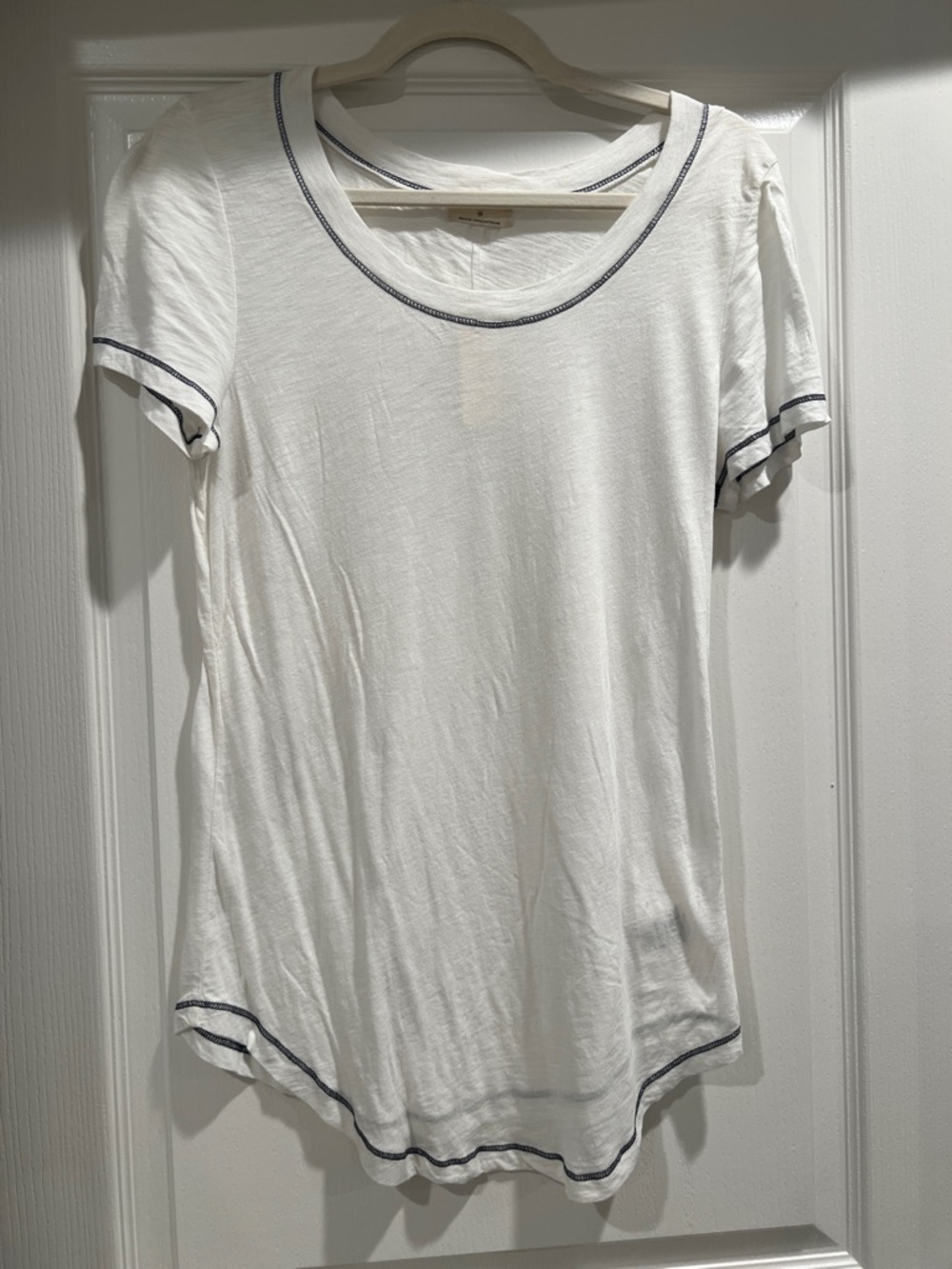 T.La White Short Sleeve Scoop Tee with Navy Trim